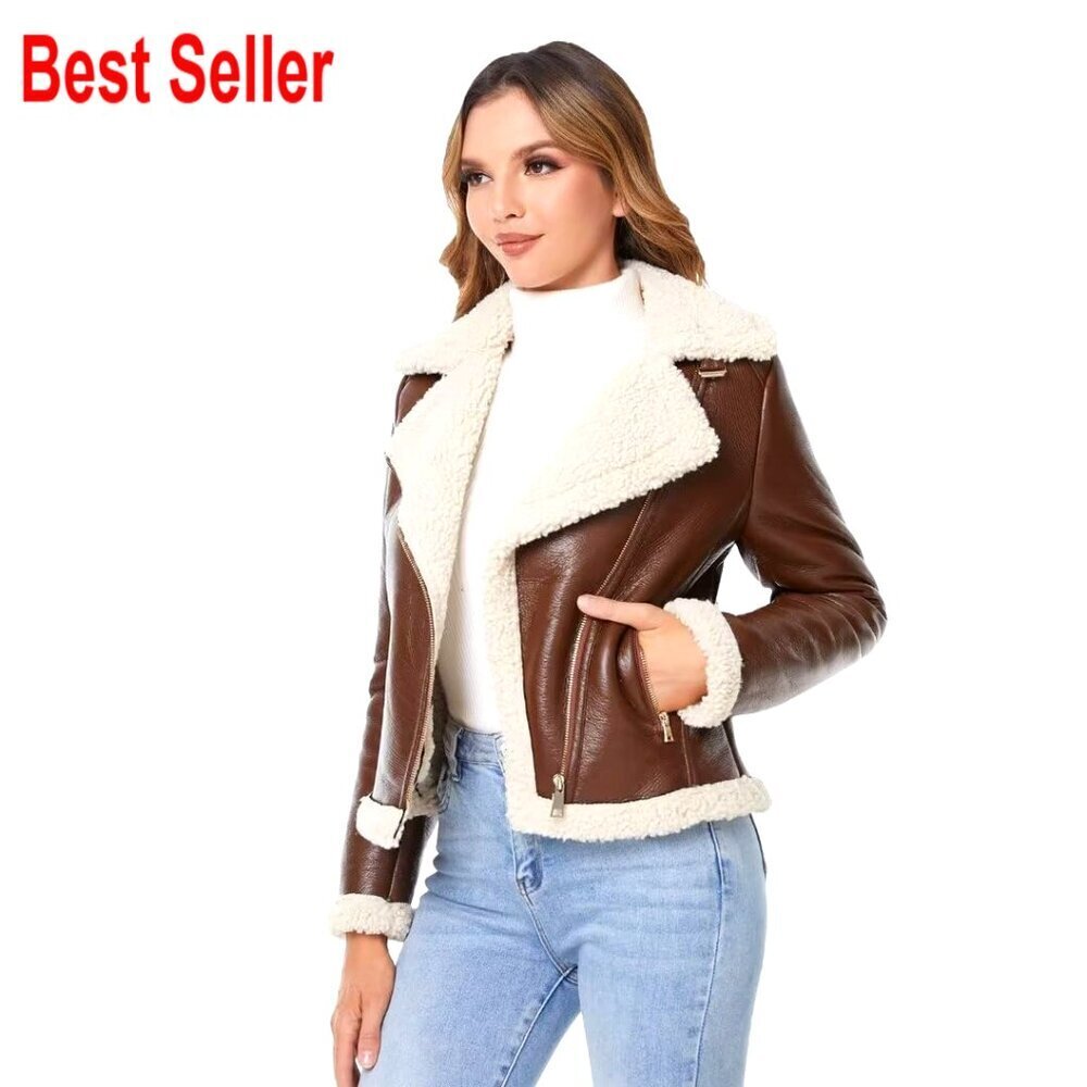 Faux Leather Jacket with Faux Fur Lining, Warm Winter Coat
